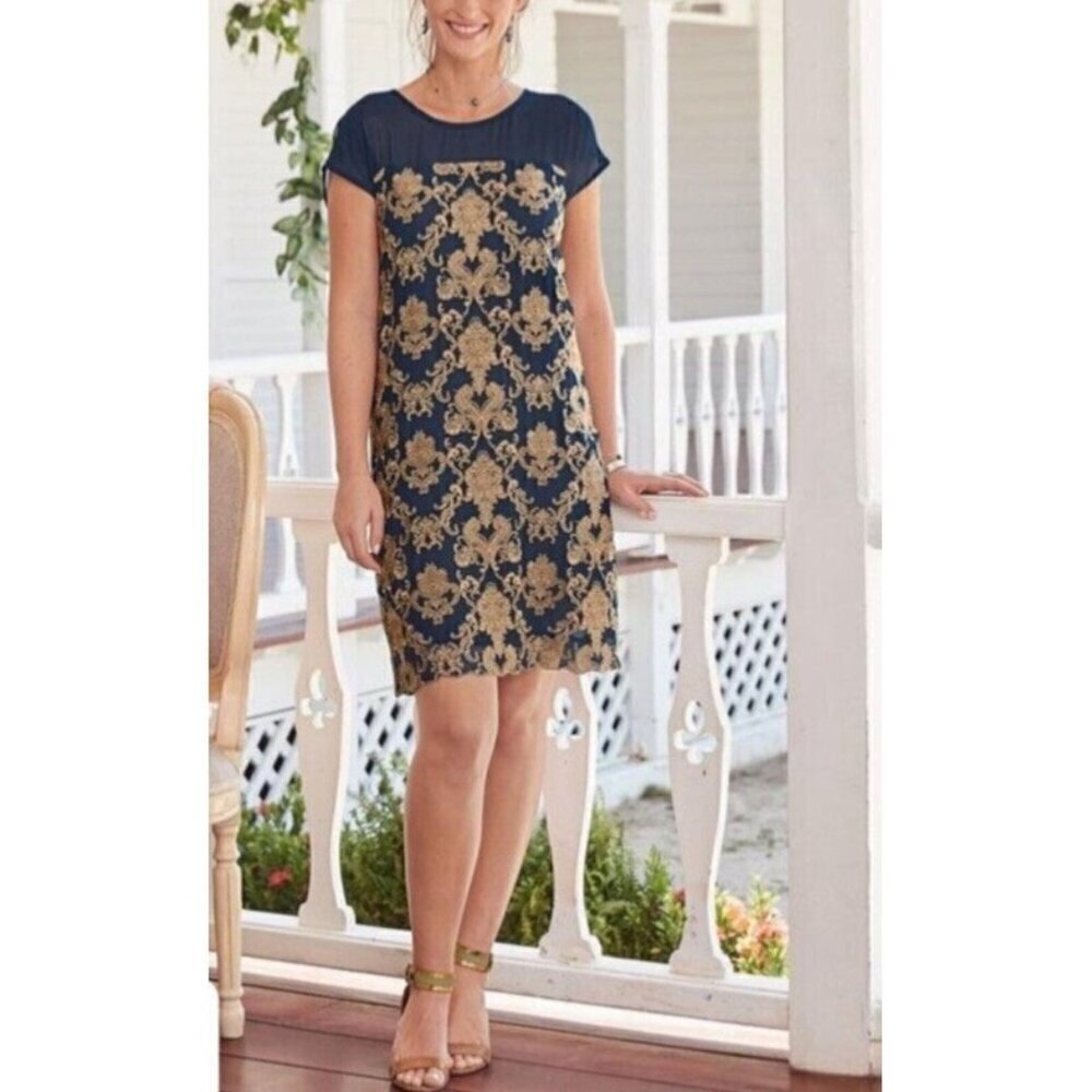 Sundance Women's Navy Blue Gold Embroidered Cap Sleeve‎ Sheath Lined Dress Sz PM